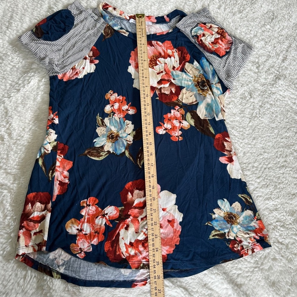Chris & Carol Floral & Striped Raglan‎ Top Women's Large L Navy Pink Made in USA - Picture 2 of 9